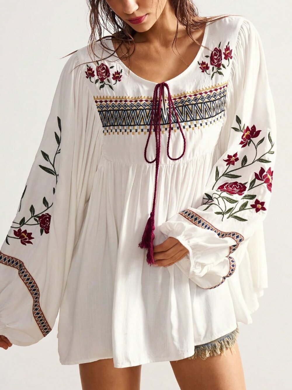 White Boho Women's Floral Knot Front Long Sleeve Casual Blouse